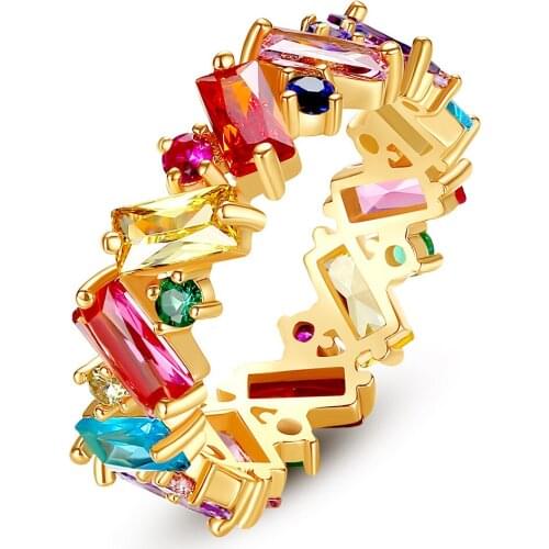 Luxury Female Rainbow Crystal Stone Ring Charm Gold Color Thin Wedding Rings For Women Dainty Geometry Zircon Engagement Ring