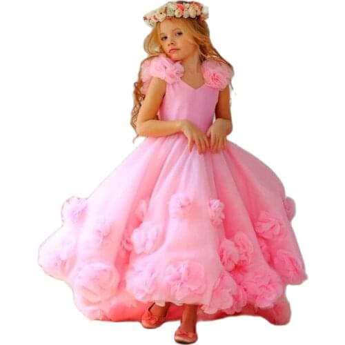 Pink Baby Girl Dress Tulle Puffy Flower Girl Dress Train Child Pricess Dress For Girl Birthday First Communion Gowns