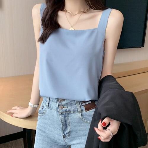 S-XL Women Square Collar Solid Chiffon Camis Tops Female Sleeveless Camisoles Summer Loose Black And White Tees Tanks