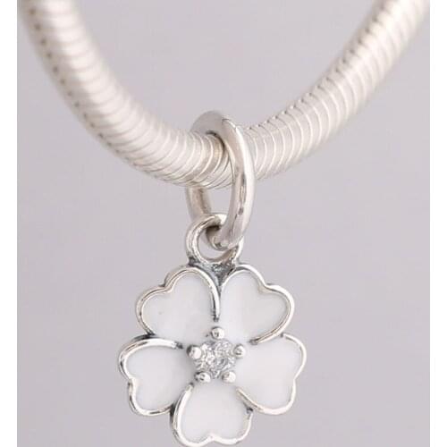 S925 DIY Jewelry White Petal Primrose Dangle Charm fit Lady Bracelet Bangle Enamel