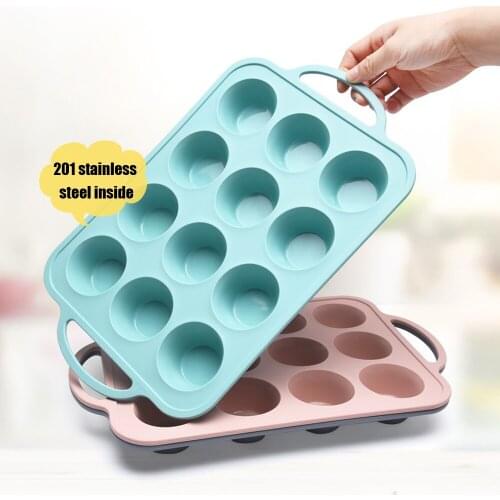 Cake Silicone Mould 12 Cavity Baking Pastry Pan Mold Mousse Muffin Cupcake Pudding Jelly Chocolate Dessert Bakeware Handle Tray