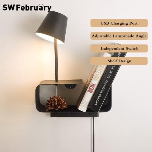 SWFebruary Wall Lamp Nordic Modern Bedroom LED Wall Lamp Bedside Lights Creative Shelf Open Wire With Switch USB Charging