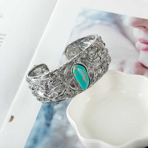 Vintage Tibetan Silver Stone Wide Women Men Bangle Carved Retro Open Size Unisex Bracelet