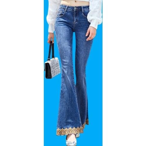 Women jeans Slim autumn Lace splice High waist boot cut pant jeans Woman 6038
