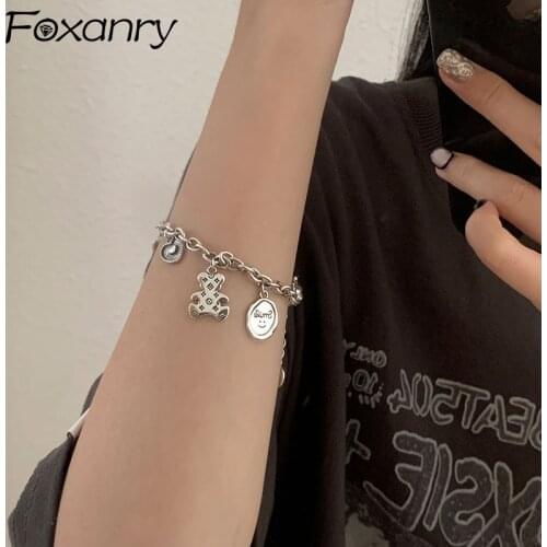 FOXANRY 925 Sterling Silver Bracelets for Women Fashion Vintage Little Bear LOVE Heart Tassel Party Jewelry Couples Accessories