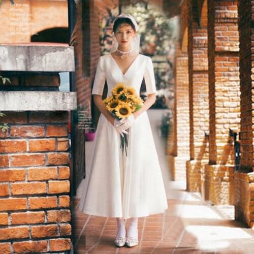 New Satin Bride Dress Ankle Length Half Sleeve V neck robe soiree mariage vestido noiva civil وصيفه الشرف فساتين sukienki formal