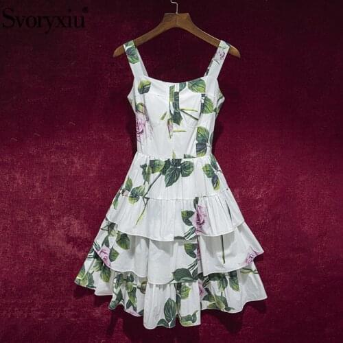 Svoryxiu Runway Summer Sexy Spaghetti Strap Cotton Dress Womens Cascading Ruffle Rose Flower Print White Charming Dresses XXL