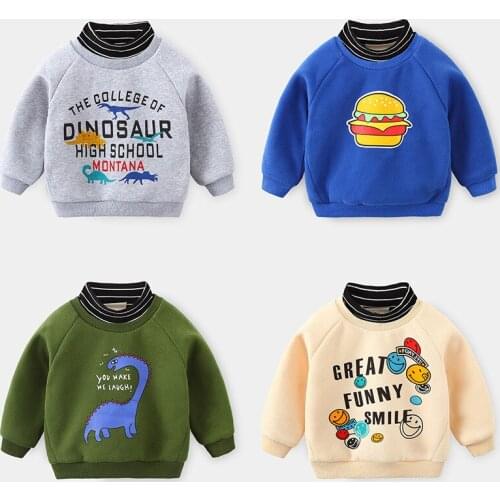 Winter Childrens Clothing Sweater Baby Boys Dinosaur Plus Velvet Sweater Autumn Thicken Cartoon Tops Printed Pullover Outwear