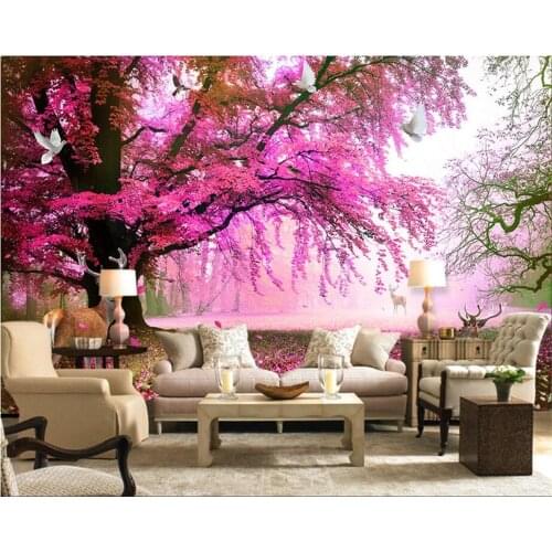 Beibehang Custom Wallpapers Fantasy Sakura Trees Sika Deer TV Walls Decorative Living Room Bedroom background mural 3d wallpaper
