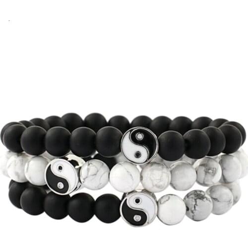 Men Women Natural Beads Stone Tai Ji Yin Yang Beaded Bracelet Jewelry