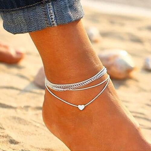 Bohemian Mutilayer Heart Anklets For Women Silver Color Summer Ocean Beach Ankle Bracelet Foot Leg Chain Jewelry 2021 NEW