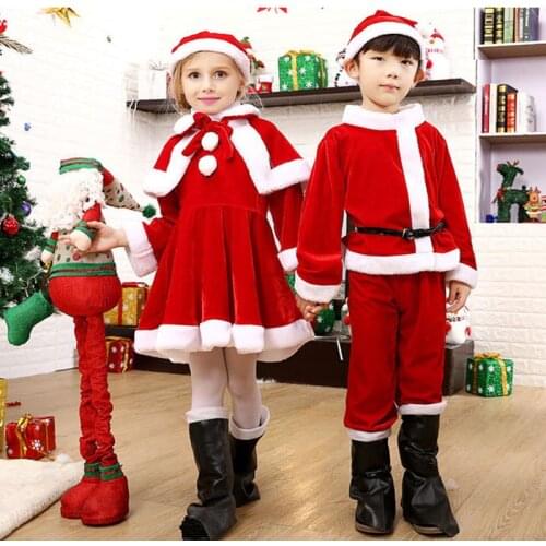 Kids Child Christmas Cosplay Santa Claus Costume Baby X-Mas Outfit 3/4 Piece Set Dress/Pants+Tops+Hat+Cloak+Belt For Boys Girls
