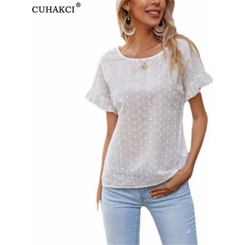 CUHAKCI O Neck Short Sleeve Tshirt Women Causal Tops 2021 Summer Flower Hollow White Basic Woman Tees Elegant Solid
