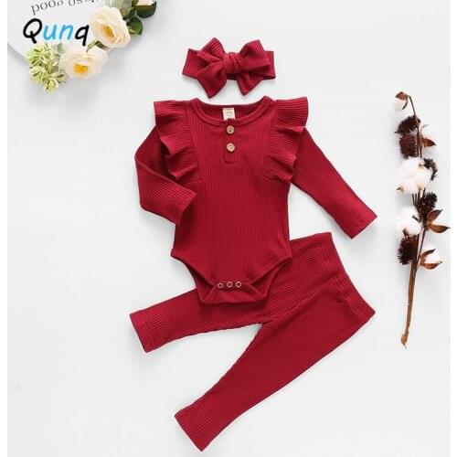 Qunq Baby Girls Clothes Headband Bodysuits Pant 3pcs Newborns Clothing Set 2021 New Spring Fall Casual Infant Suits Solid Color
