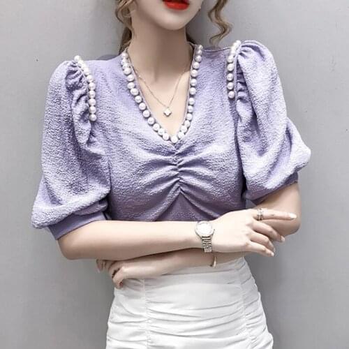 Summer T Shirt Women 2021 New hubble-bubble Sleeve v-neck Blouse Pearl Sweet Shirt Loose Small Female Tee Tshirts SZH879628