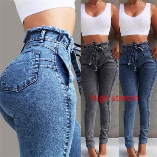 Hot sale High stretch jeans for women Sexy slim lifting hips lace-up denim pencil pants Fashion high waist skinny jeans S-2XL