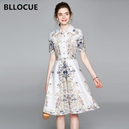 BLLOCUE Fashion Designer Floral Print Shirt Dresses Womens Short Sleeve Turn Down Collar Elegant Female Party Midi Dresses