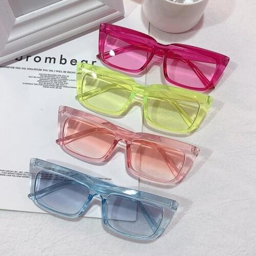 SO&EI Fashion Small Cat Eye Women Sunglasses Vintage Candy Color Fluorescent Green Eyewear Men Square Sun Glasses Shades UV400