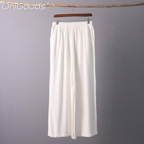 ORIGOODS Chinese style Linen Pants Women Vintage Elastic waist Loose Long Pants Original design Women Linen Trousers C170
