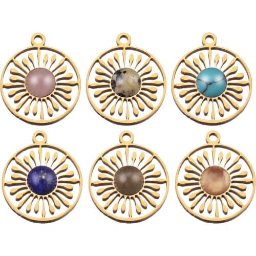 5pcs 16mm Natural Stone and Stainless Steel Charm Pendants Gold Flowers Charms for Dangle DIY Earring Necklace Making Wholesale