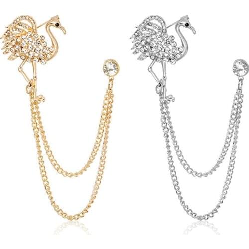 Retro Crystal Chain Flamingo Rose Star Brooch For Women Men Fashion Europe Style Lapel Badge Pins Jewelry Party Gifts