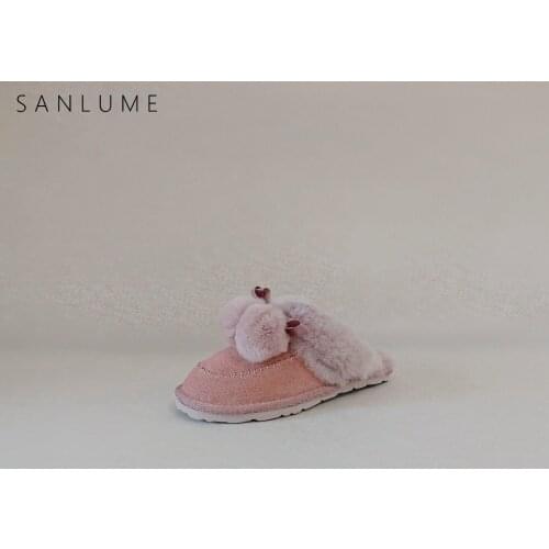 SANLUME Pink Winter Flat Shoes Women Indoor Ladies Home Slippers Genuine Leather Keep Warm Wool Cow Suede Comfortable Slip On