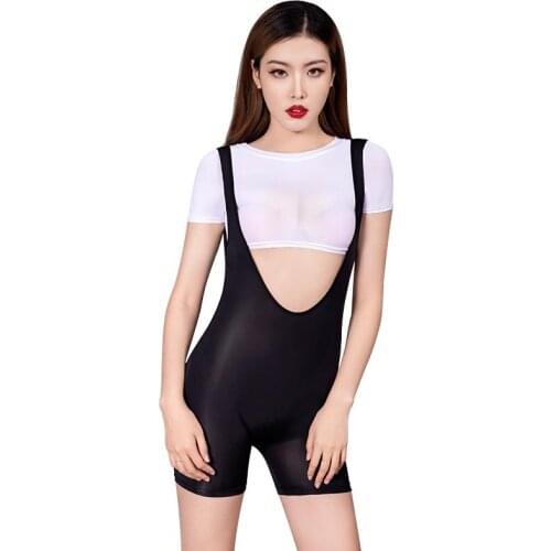 Sexy School Girl Uniform Tight White Crop Top Short TShirt with Black Suspender Shorts Lingerie Costume