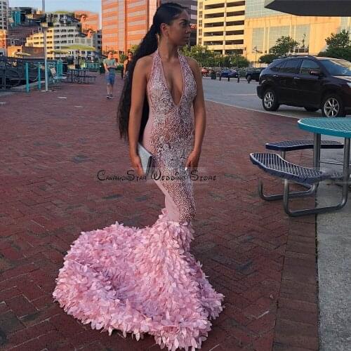 Sexy Halter Long Mermaid African Pink Prom Dresses Black Girls V Neck Illusion 3D Flora Women Long Graduation Party Dress