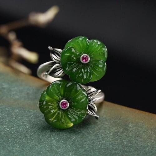 SNew Silver Original Inlaid Natural Hetian Jade Double-headed Plum Blossom Retro Chinese Style Open Adjustable Womens Ring