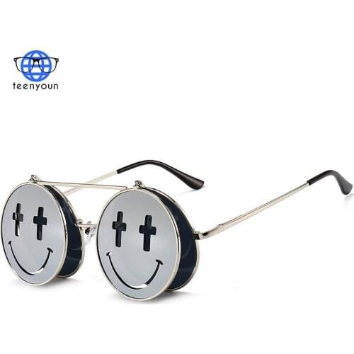 TEENYOUN Fashion Steampunk Sunglasses Women Men Brand Designe Smiley Flip Sun Glasses Luxury Eyewear Lunette De Double lens