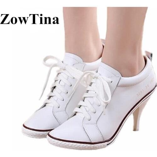 White Real Leather Women Lace Up Pumps Fashion High Heels Stilettos Black Casual Sneakers Heels Large Size 41 Ladies Zapatillas