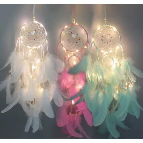 Home Decoration Dreamcatcher 1PC Hot Sale Ornaments Girl Heart High Quality Natural Feather Dream Catcher Popular Wrapped Lights