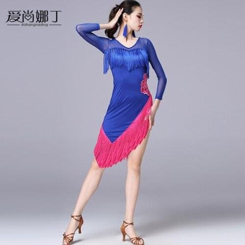 Fashion Long Mesh Sleeves Latin Tassel Skirt Adult Women Stage Dance Costumes Qiaqia Rumba Tango Practice Clothes 2 Colors B0116