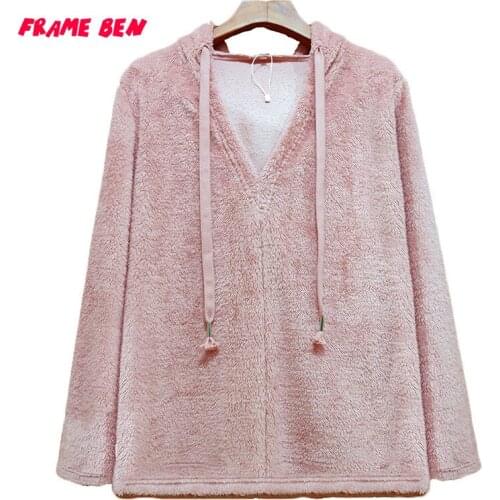 FRAME BEN Women Hoodies Sweatshirt Pink Autumn Winter Loose Casual Long Sleeve V Neck Plush Hooded Sweatshirts Plus Size