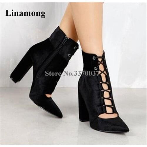 New Fashion Women Pointed Toe Black Velvet Lace-up Chunky Heel Short Boots Cut-out Thick Heel Ankle High Heel Boots