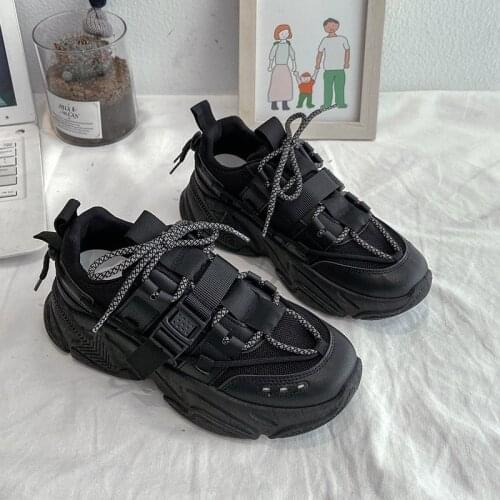 Spring Buckle Black Platform Sneakers Women Shoes Thick Sole Korean White Chunky Sneakers Leather Breathable Casual Shoes Woman