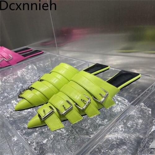 Rose red summer Personality Buckle Strap Design Flat slippers Women pointed toe Sandals Genuine Leather flipflops Woman 2021 New