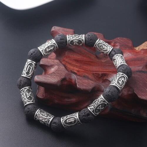 Natural Lava Stone Runes Beads Men Bracelets Norse Viking Hammer Mjolnir Amulet Strand Bangles Lady Send Boyfriend Gift Best