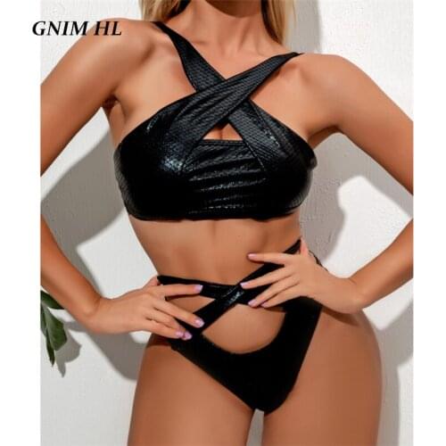 GNIM Sexy Bandage Black Snakeskin Swimsuit Female Two Pieces Hollow Out Bikini Swimwear Women 2020 Summer High Waist Bather Suit