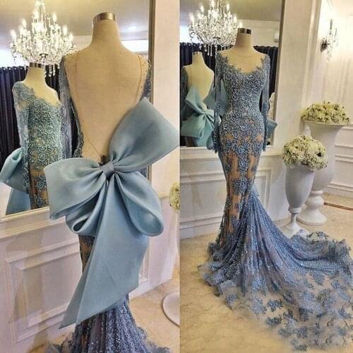 Sexy Long Mermaid Evening Dresses With Full Sleeves Backless Big Low Lace Evening Gowns Robe De Soiree Dubai Formal Dress 2019