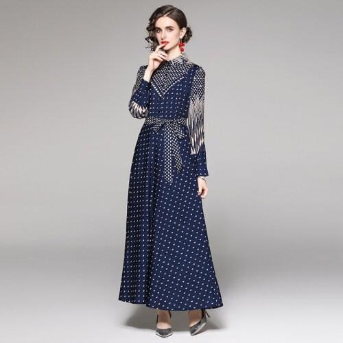 Runway Woman Spring Maxi Dress Turn-down Collar Shirt Dresses for Woman Elegant Belt Vintage Print Long Vestidos k8977
