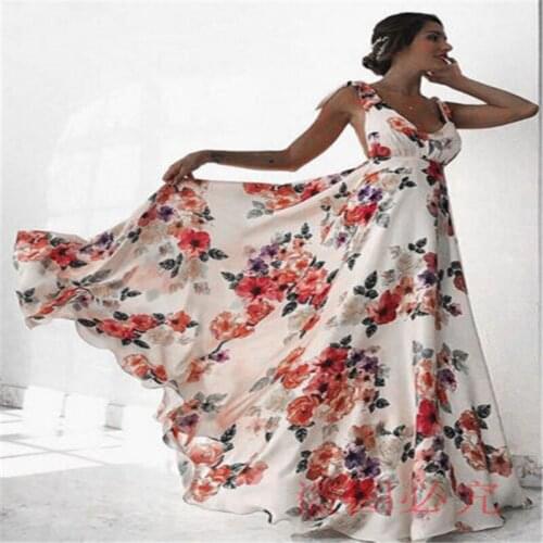 Women Summer Boho Floral Print Dresses V-Neck Sleeveless Backless Vintage Long Maxi Skirt Cocktail Party Beach Dress
