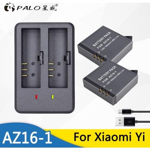 PALO 2Pcs Original AZ16-1 Battery FOR Xiaomi YI lite 4K 4K+USB Dual Charger For Xiaoyi Action Camera II 1400mAh 3.85V Battery