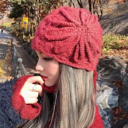 Women Girl Beanie Beret Hat Warm Wool Winter bonnets Ethnic style handmade knitted cap Vintage Plain Solid Color Winter Caps