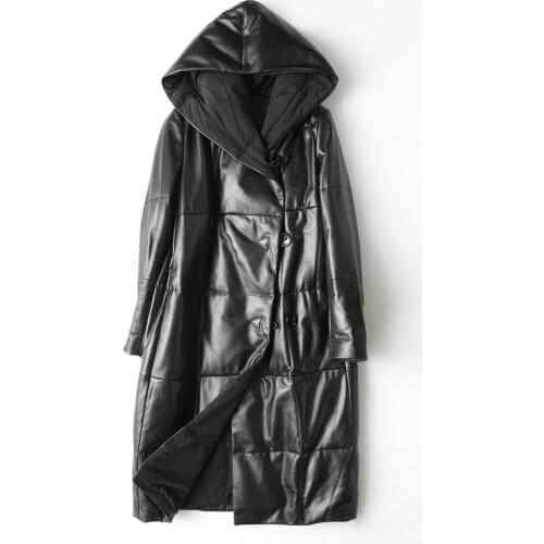 Free Shipping New Genuine Lamb Leather Jacket X- Long Womens Down Coat with hood Sheepskin Garment Wholesale Retail OEM