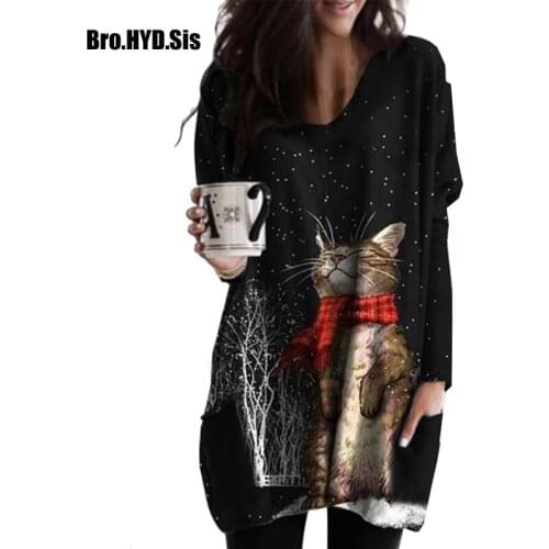 Casual Style Cartoon Cat Printed Women Long Sleeve T-shirts 2020 Spring Autumn Round Neck Black Tees Oversized