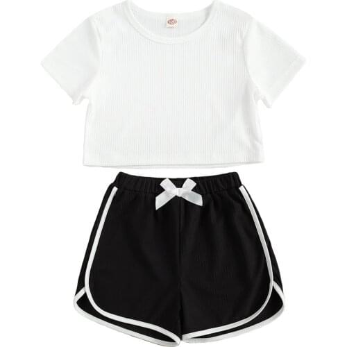 Kids Fashion Baby Girls Short Sleeve Set, Solid Color Ribbed Tops and Patchwork Short Pants 2-piece Suits 6-11T