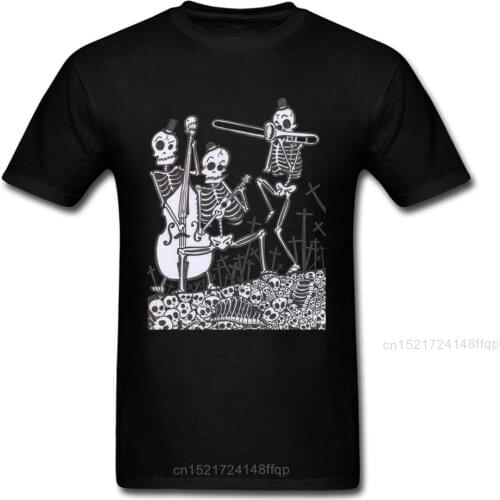 Skeleton Jazz Band T-shirt Fashionable T Shirt Men Black Tshirts Skulls Printed Clothing Hipster Tees Streetwear Cotton Tops