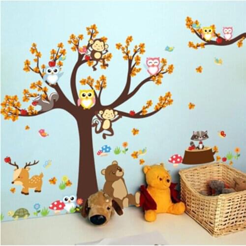 Hot Cartoon Forest Tree Branch Animal Owl Monkey Bear Deer Wall Stickers For Kids Rooms Boys Girls Children Bedroom Home Decor