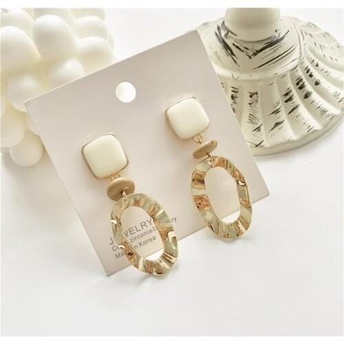 Classic White Glazed Square Hollow Metal Hoop Drop Earrings Korean Elegant Pendent Earrings for Women Girls Kid Ear Jewelry Gift